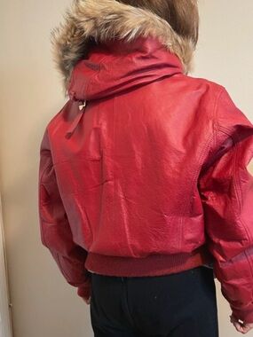 Women's Red Leather Bomber Jacket w/ Fur Hood